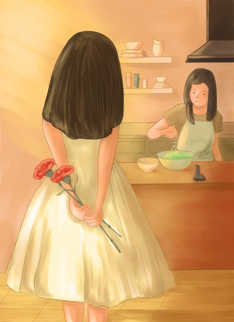 母亲节女孩拿着康乃馨准备送给正在厨房做饭的妈妈插画